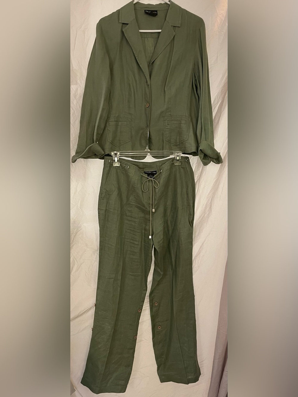 Olive Drawstring Linen Jacket size LARGE and Pants size 8 - Women
